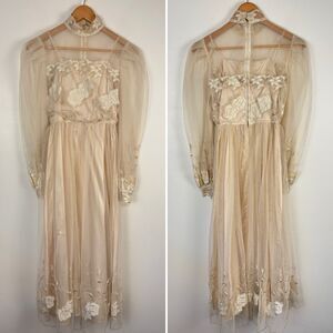 VTG 70s 80s ILGWU Ivory Mesh Lace Applique High Neck Bridal Midi Dress Sz 8